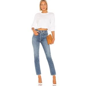 AGOLDE SZ 26 Riley High Straight Leg Jeans Medium Wash Distressed Button Fly